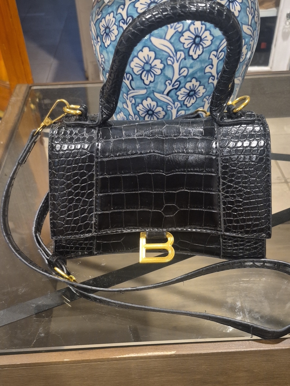 Black Croc-Embossed Top-Handle Bag with Gold Hardware